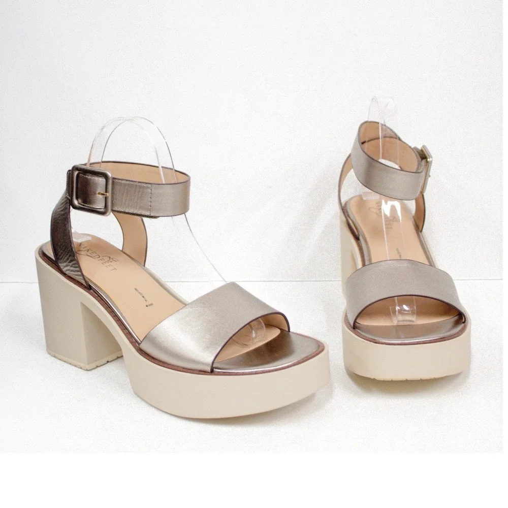 Naked Feet Iconoclast Silver Leather Platform Block Heel Sandals 8.5M